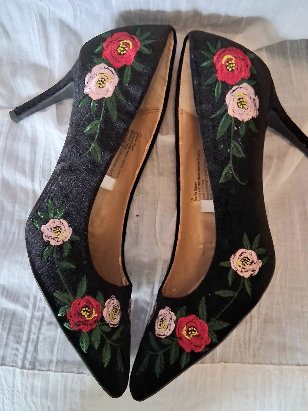 a new day Black Pointed Toe Heels with Pink and Red Floral Embroidery
